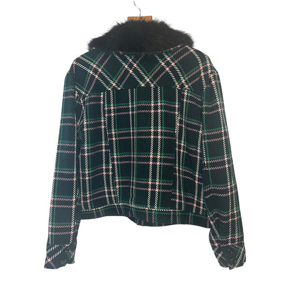 Anthropologie Maeve Plaid Faux Fur Collar Cropped Jacket Green Black Size L NWT - Picture 4 of 11